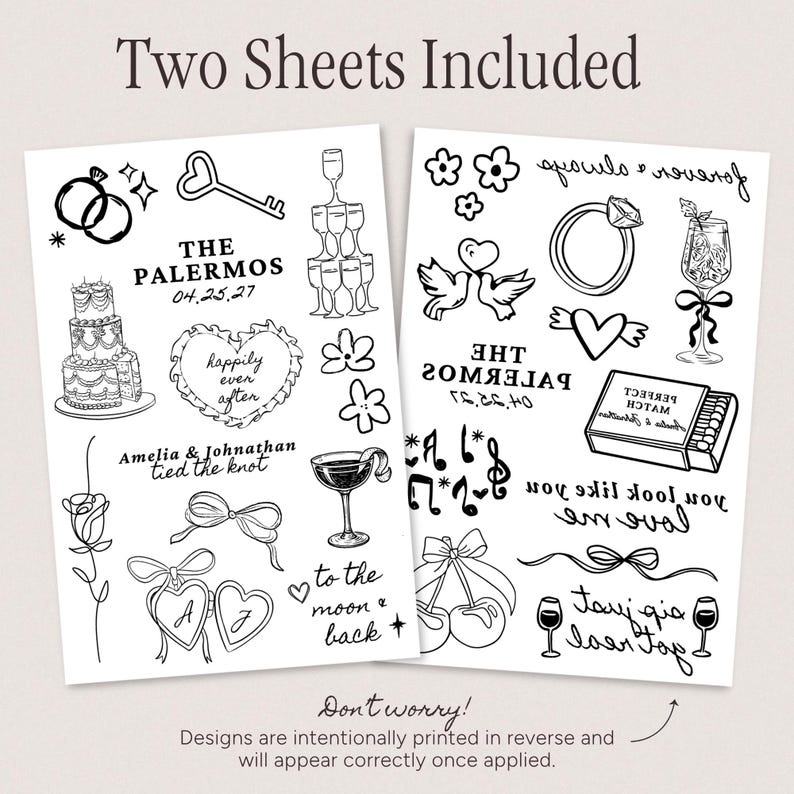 Modern Wedding Temporary Tattoo Sheets | Trendy Wedding Favors