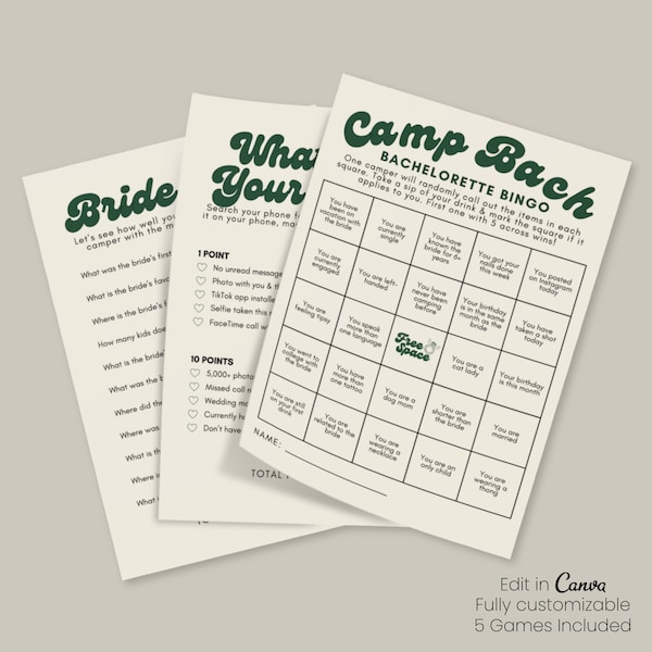 Camp Bach Bachelorette Party Games | Cabin Bachelorette Party Games | Games for Bachelorette Party | Printable Bachelorette Party Games