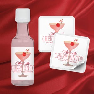 She's the Cherry on Top Bachelorette Shot Labels | Cherry Bachelorette Party Decor | Mon Cheri Bachelorette Favors | Mini Liquor Labels
