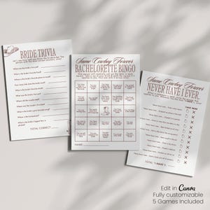 Può includere: Un set di giochi per addio al nubilato stampabili a tema western. I giochi includono Bride Trivia, Bachelorette Bingo e Never Have I Ever. I giochi sono stampati su carta bianca con testo e illustrazioni marroni.