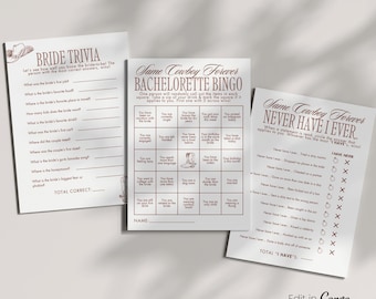 May include: A set of printable bridal shower games with a western theme. The games include Bride Trivia, Bachelorette Bingo, and Never Have I Ever. The games are printed on white paper with brown text and illustrations.