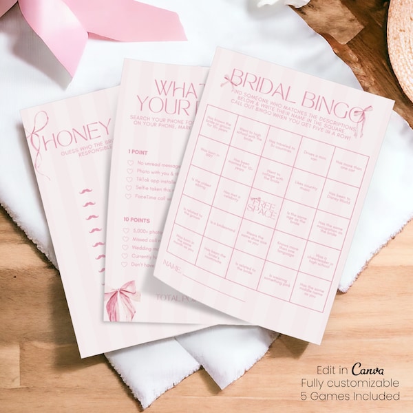 Pink Bow Bridal Shower Games | Bow Theme Bridal Shower | Pink Bow Bachelorette Party | Printable Bridal Shower Games