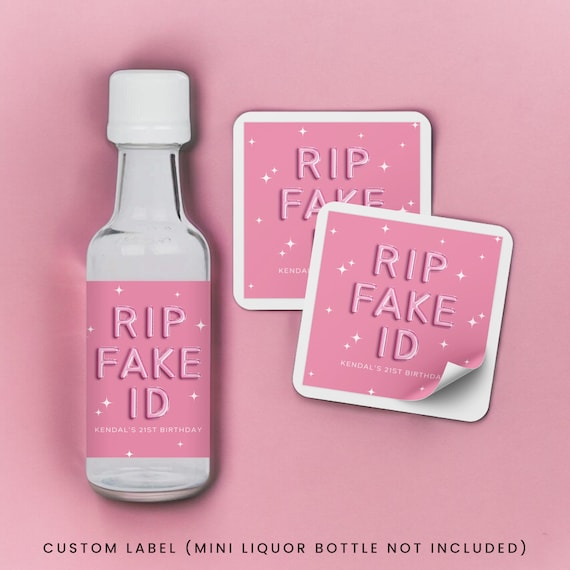 RIP Fake ID 21st Birthday Mini Liquor Labels | Funny 21st Birthday Favors | Pink 21st Birthday Decorations