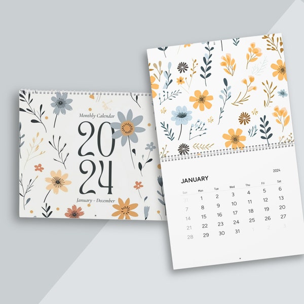 2024 Calendar | Boho Flowers Wall Calendar | Retro Floral Calendar | Boho Office Decor | Christmas Gifts for Her (14x11.5")