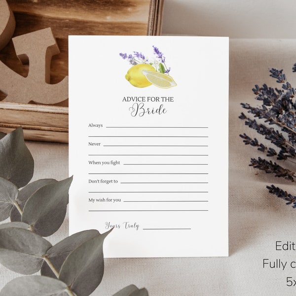 Advice for the Bride Cards Template | Lemon Theme Bridal Shower Games | Printable Lemon Lavender Bridal Shower Games