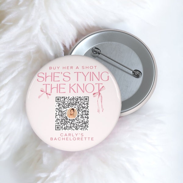 Buy the Bride a Drink Venmo Buttons | She's Tying the Knot Bachelorette Party Venmo Buttons | Pink Bow Bachelorette Party Favors