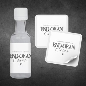 May include: A set of party favours for a divorce party. The favours include a small bottle of liquor with a label that says "MADISON'S DIVORCE PARTY END OF AN ERROR" and two square stickers with the same text.