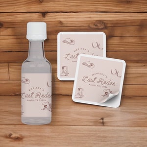 May include: A set of three pink and white square stickers with a brown cowboy hat, boots, and horseshoe design. The stickers say "Marissa's Last Rodeo" and "Austin, TX | 2024".