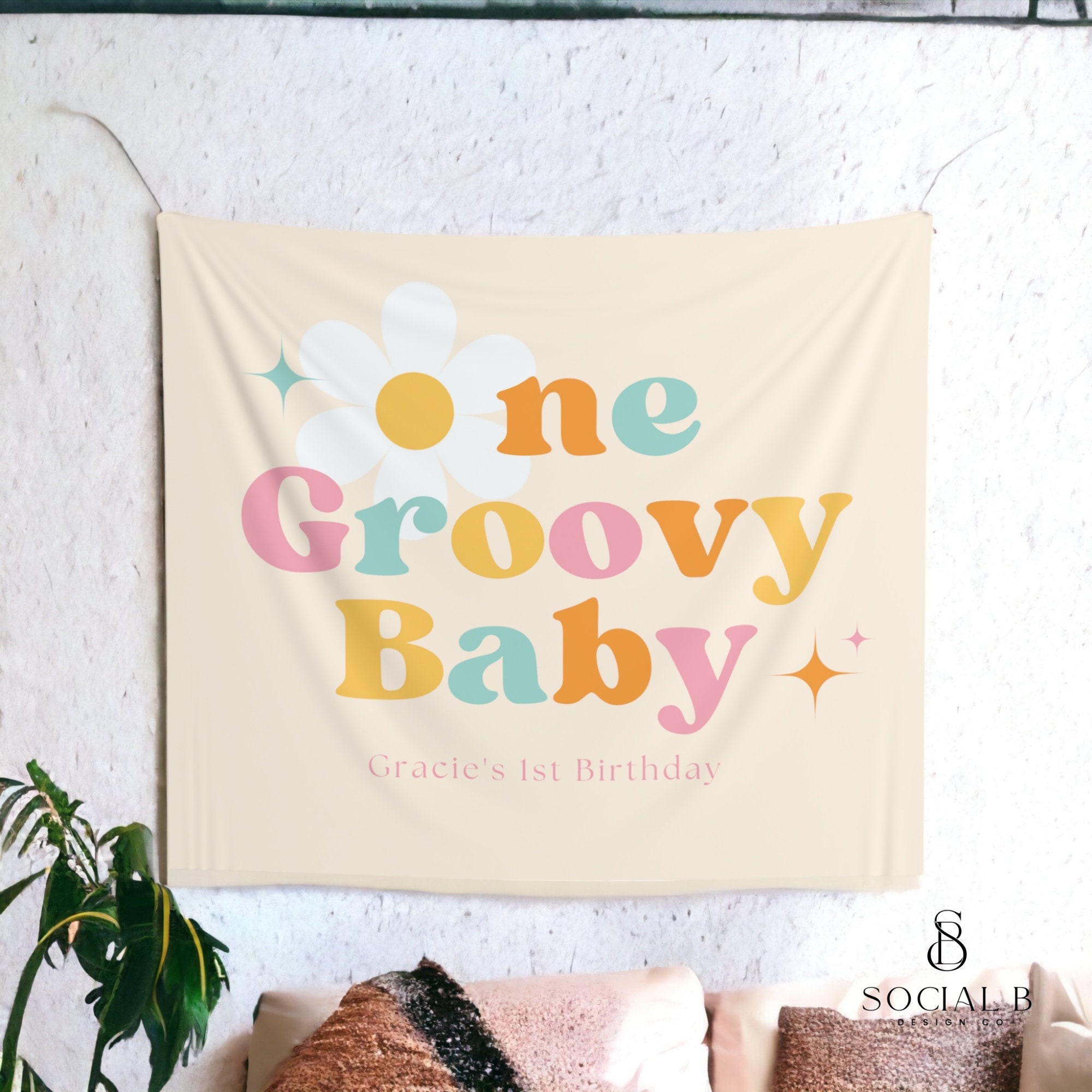 One Groovy Baby Birthday Banner 1st Birthday Party Backdrop Custom Birthday Party Banner 80 x 68