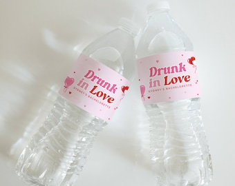 Drunk in Love Bachelorette Water Bottle Labels | Drunk in Love Bachelorette Favors | Pink and Red Bachelorette Decor (8"x1.9")