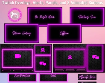 Neon Pink Twitch Overlays, Animated Screens, Alerts and Twitch Panels - Stream Bundle - Cute - Stream Pack - Stream Overlays -