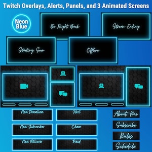 Neon Blau Twitch Overlays, Animierte Bildschirme, Warnungen und Twitch Panels - Stream Bundle - Niedlich - Stream Pack - Stream Overlays -
