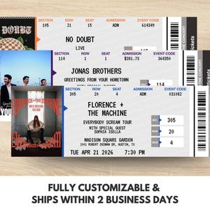 May include: Concert tickets for No Doubt, Jonas Brothers, and Florence + The Machine. The tickets display event details including section, row, seat, and event code. The Florence + The Machine ticket is for Madison Square Garden.