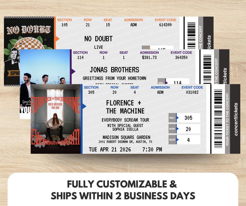 May include: Concert tickets for No Doubt, Jonas Brothers, and Florence + The Machine. The tickets display event details including section, row, seat, and event code. The Florence + The Machine ticket is for Madison Square Garden.