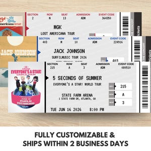 May include: Several concert tickets are displayed, showcasing performances by MGK, Jack Johnson, and 5 Seconds of Summer. The tickets include event details like dates, times, and venue information. The tickets are customizable.