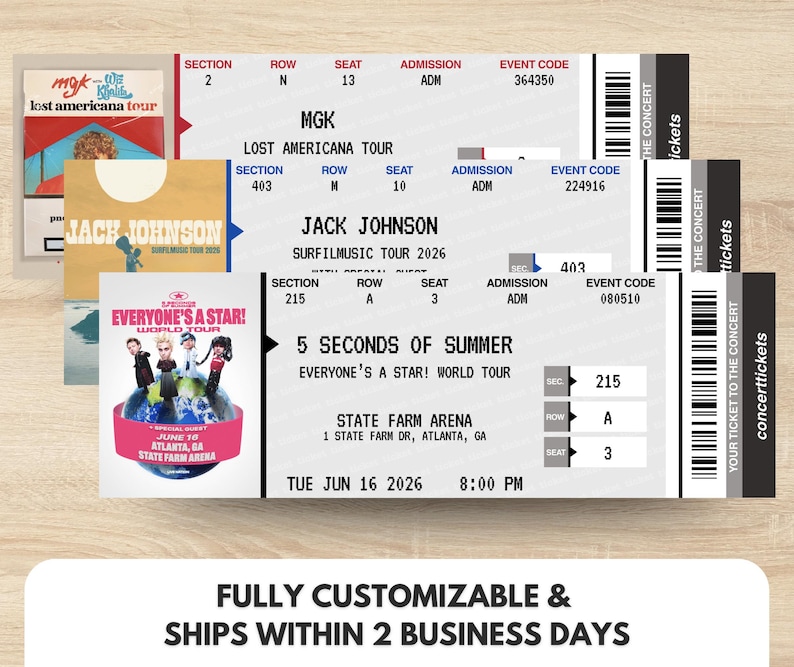 May include: Several concert tickets are displayed, showcasing performances by MGK, Jack Johnson, and 5 Seconds of Summer. The tickets include event details like dates, times, and venue information. The tickets are customizable.