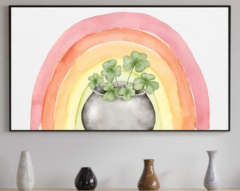 St. Patrick's Day Frame TV Cute Rainbow Pot of Clovers Art Samsung, Cute St Patricks Art, Watercolor Art, Digital Download, Instant Download