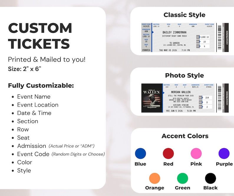 Custom Concert Tickets with Photo, Personalized Concert Tickets, Printed Physical Concert Ticket, Real Concert Ticket Classic Concert Ticket image 6