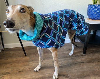 Greyhound Fleece Winter Coat | Navy Blue and Teal Geometric with Teal Cotton Lining