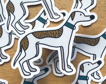 May include: A set of colorful dog stickers with a brown and white striped pattern. The stickers feature different poses of the dog, including a standing pose, a sitting pose, and a running pose.