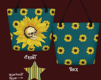 Sunflower Skull Beach Tote Bag, Women's Canvas Tote with Pockets