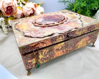 Vintage Style Brown and Green Stenciled Jewelry Box| Decorative Wooden Box|Large Decoupage Box| Royal |Pretty Keepsake Box