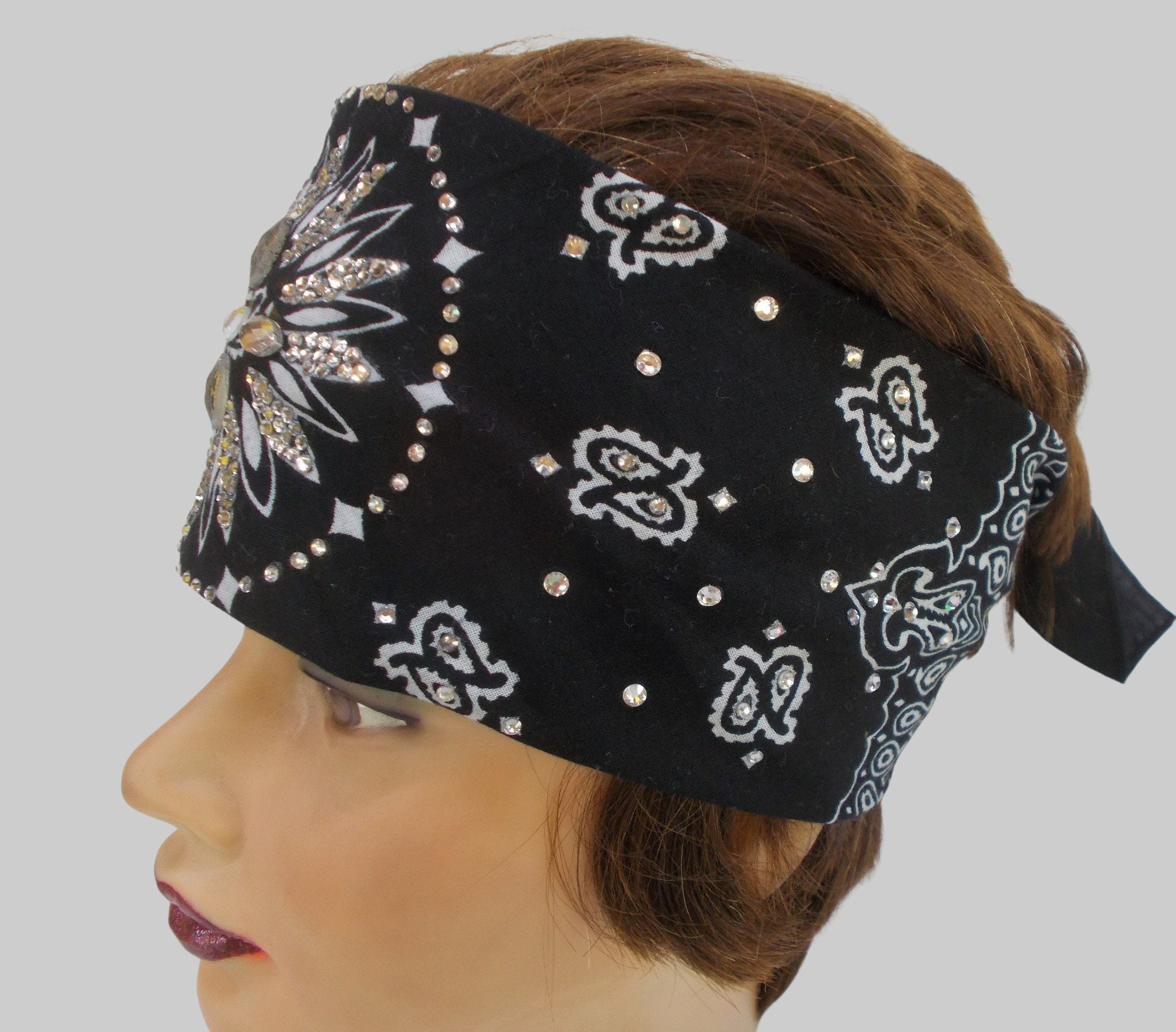 BLACK CRYSTAL BANDANA Self Tie Prefolded Headband Etsy