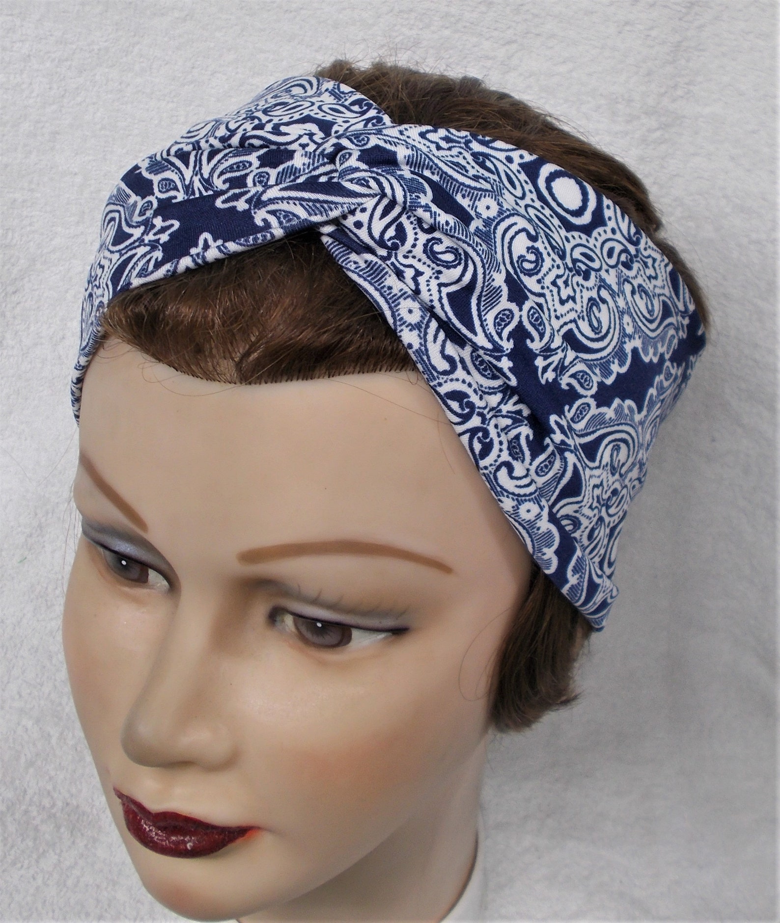 BLUE BANDANA Design TURBAN or Smooth Stretch Knit Headband Etsy