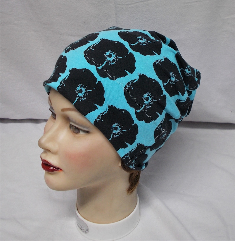 TURQUOISE and BLACK FLOWER Stretch Knit Skullcap Womens Beanie