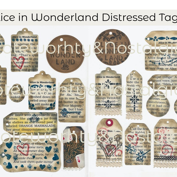 Alice in Wonderland Distressed Tags, Digital Download, Junk Journal Ephemera Printable Kit