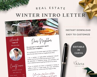 Introducción al agente inmobiliario de invierno, Carta sobre agricultura inmobiliaria, Marketing navideño inmobiliario, Carta de presentación navideña inmobiliaria, Estimado vecino