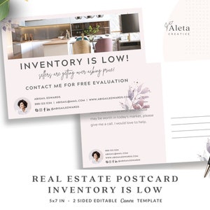 Cartolina con inventario basso per immobili, volantino per cartoline immobiliari, carta dei vicini di inventario, carta agricola dell'agente immobiliare, modello canva modificabile