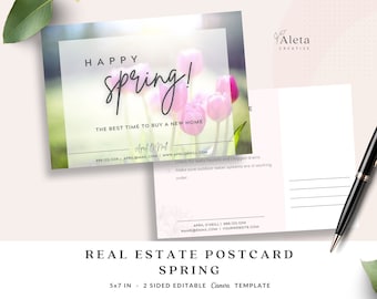 Postal de primavera de bienes raíces, tarjeta de primavera de saludo de agente inmobiliario, tarjeta de vecino de agente inmobiliario, tarjeta agrícola de agente de bienes raíces, plantilla Canva editable