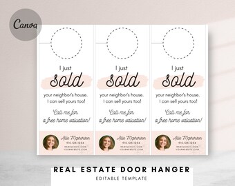 Etiqueta de colgador de puerta de bienes raíces, acabo de vender folleto, vendí colgador de puerta, plantilla de marketing inmobiliario, folleto de bienes raíces, plantilla Canva