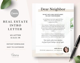 Realtor Introduction, Real Estate Agent Letter, Real Estate Marketing Template, Real Estate Agent Intro Letter, Dear Neighbor Realtor