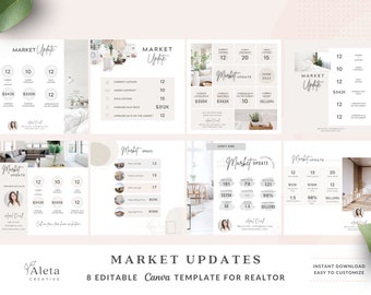 8 actualizaciones de mercado editables, publicaciones de Instagram para agentes inmobiliarios, publicaciones en redes sociales sobre bienes raíces, plantilla inmobiliaria, plantilla de Canva