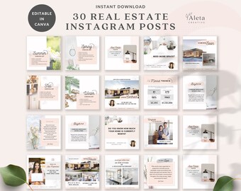 30 Real Estate Social Media, Realtor Instagram Post, Real Estate Marketing, Pink Real Estate, Canva templates, instant download, minimalist