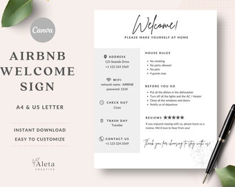 Airbnb Welcome Sign, Airbnb Printable, Guest Arrival Printable, Things to know, Rental House Rules, Wifi Info Sheet, Canva Template