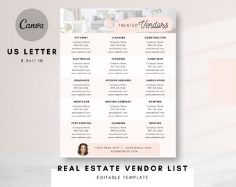 Plantilla de proveedor de confianza para el sector inmobiliario, plantilla de marketing inmobiliario, lista de proveedores preferidos, lista de proveedores de confianza, plantilla de Canva rosa
