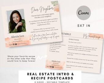 Real Estate Intro with recipe card,  Realtor Neighbor card, Real Estate Agent Postcard, Canva Template, realtor farming card, editable canva