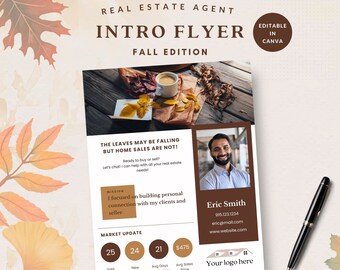 Introducción de agente inmobiliario, marketing de otoño para agentes inmobiliarios, carta de agente inmobiliario, carta de presentación, edición de otoño, plantilla de Canva, descarga instantánea, agente masculino