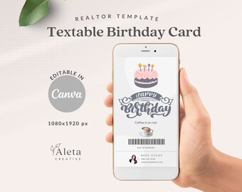 Mensaje de texto de feliz cumpleaños para un cliente de bienes raíces, tarjeta de cumpleaños digital, plantilla de marketing de bienes raíces, regalo de café, cumpleaños del cliente
