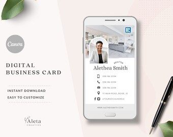 Tarjeta de presentación digital de bienes raíces, plantilla de Canva, tarjeta de presentación de bienes raíces, marketing de bienes raíces, tarjeta de presentación moderna, plantilla de agente inmobiliario