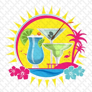 May include: A colorful illustration of a tropical beach scene with a sun, palm trees, and three cocktails. The cocktails are a blue margarita, a green margarita, and a martini with olives.