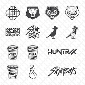 May include: A collection of black and white graphic designs and logos. The designs include animal faces, birds, text, and a hand gesture. The text includes "K-POP DEMON HUNTERS", "SAJA BOYS", "HUNTRAX", and names on ramen cups.