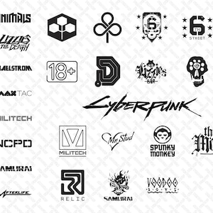 Pode incluir: Uma coleção de logotipos e elementos de texto em preto e branco, incluindo a palavra "Cyberpunk" em uma fonte estilizada. Outros logotipos apresentam textos como "Animals", "Maelstrom", "Militech" e "Samurai".