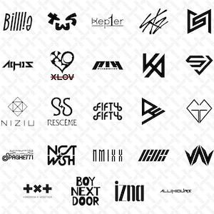 Könnte beinhalten: Eine Sammlung von Schwarz-Weiß-Logos und Textdesigns. Die Logos zeigen verschiedene Formen und Typografien, darunter die Namen von Musikgruppen wie "Bill!e", "Kepler", "NCT Wish" und "Fifty Fifty". Die Designs sind vor einem weißen Hintergrund angeordnet.