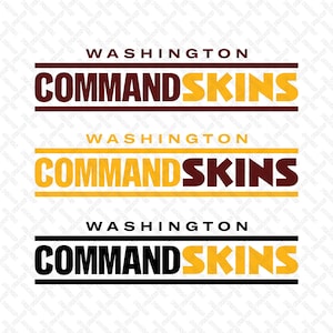 May include: A logo for the Washington Commanders, a professional American football team. The logo features the team name "Commanders" in bold, white letters with a gold outline. The team's city, "Washington", is written in smaller, maroon letters above the team name. The logo is set against a white background.