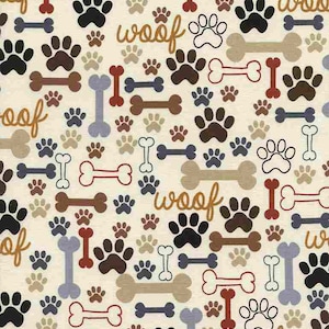 EOB Dog Paws and Bones Fabric by Timeless Treasures - 100% Cotton Fabric by the Yard - Cream - Brown - C2372