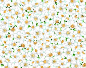 Packed Strawberry Flower Blooms Fabric by Timeless Treasure - 100% Cotton Fabric By the Yard - Mint/White - C1050